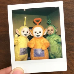 colorful happy expressive lively teletubbies in the backrooms, joyfuly looking at camera, flash lights, polaroid