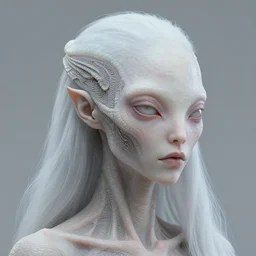 biopunk alien portrait by julie bell, fish skin, intricate biopunk patterns, ethereal hair, mesmerizing blue eyes, glass bubble helmet, escaping air bubbles, underwater, detailed!, very sharp!!!