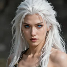 close - up headshot portrait of a gorgeous barbarian woman, white long messy hair and blue eyes, highly detailed, muscular, very beautiful face, digital art, pixiv fanbox, trending on artstation, ray tracing, volumetric lighting, sharp focus, hq, by artgerm, wlop, greg rutkowski, miyazaki hayao