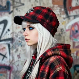 highly detailed 3 / 4 profile portrait of an new york sewer punk lady student, blue eyes, tartan hoody, hat, white hair by atey ghailan, by greg tocchini, by kaethe butcher, by james gilleard, gradient red, black, brown, cream and white color scheme, grunge aesthetic!!! ( ( graffiti tag wall ) )