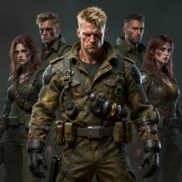 portrait painting of post - apocalyptic dieselpunk muscular angry blond man wearing old military fatigues, ultra realistic, concept art, intricate details, eerie, highly detailed, photorealistic, octane render, 8 k, unreal engine. art by artgerm and greg rutkowski and charlie bowater and magali villeneuve and alphonse mucha