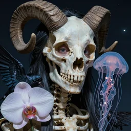 hyperrealism, night background, super zoom, goddess close - up portrait real human skeleton ram skull jellyfish!! crow wings! giant orchid!! artwork by tooth wu and wlop. octane render, trending on artstation, greg rutkowski cinematic, hyper realism, high detail, octane render, 8 k