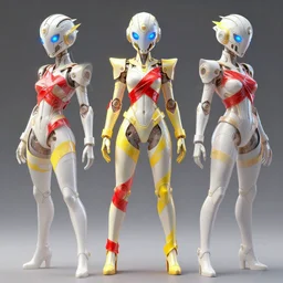 a full body character design by loish, hong soonsang and zeen chin. laser white and yellow tape and red translucent plastic tape attctive showgirl!! sci - fi helmet with blue glowing eyes!! sharp edges. contour light!! ultra detailed, elegant, intricate, octane render.