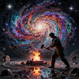 a galaxy exploding, psychedelic colors, a blacksmith swinging his hammer at his forge, realistic reflections, body building blacksmith, stars, psychedelic patterns, fractal, rippling fabric of reality, the spider that weaves the web of time, sharpen lines