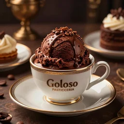 cinematic dramatic lights movie shot of ultra realistic catalog photo of a cup full of sweet goloso pasticceria chocolate ice cream cake with a coffee - praline twist cream bigne in with rich details in luxury cup and plates