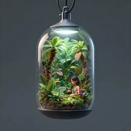 photo of a futuristic terrarium pendant with a tiny jungle inside of it, by dieter rams and wlop by jungyeonmin and james jean jhonseru jsezz artstation volumetric lighting, granular detail, japandi, hanging from the neck of a yuong woman, hyperrealist, hypermaximalist, granular detail, hypermaximalist, micro details, blender, vray