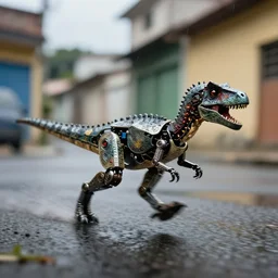 action photography, long shot, dark and rainy, award winning macro photo of an ultra detailed intricate tiny robotic dinosaur running very fast in a brazilian neighborhood, fast shutter speed, motion blur, tiny gaussian blur, highly detailed, highly intricate, depth of field, national geographic