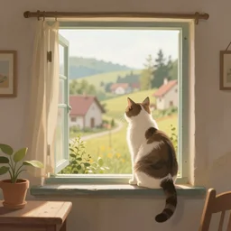 cat on window, inside house in village, calm, warm, cozy, digital art, sweet home