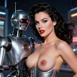 closeup beautiful retro space dita von teese posing with a chrome robot in diesel punk city at night, pinup, windblown dark hair, seductive, hyper detailed, digital art, smooth, sharp focus, gil elvgren, anna dittmann alberto vargas, 1 9 5 0, when mars attacks