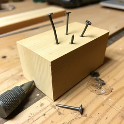 photo of a one small block of wood with a few bent and crooked nails stuck in it, on a workbench. nailed it.