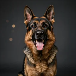 An extremely scary studio photo of a snarling German Shepherd dog, bokeh, 90mm, f/1.4