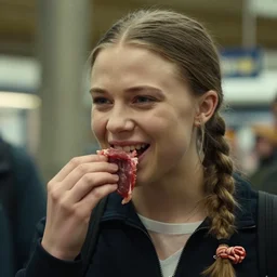 film still close - up shot of greta thunberg giving a speech in a train station eating raw meat smiling its. photographic, photography
