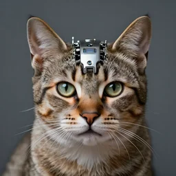 portrait photo of a cat with a cyberpunk steel implant in its head. extremely high detail, боке.