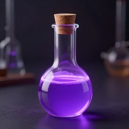 3 d render of a flask containing glowing purple liquid with a cork top in a dark room, game asset, realistic