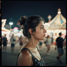 double exposure film photograph of a woman's side profile and a night time carnival scene, Fujica GW690 Kodak Portra 160 medium format, analog film photography
