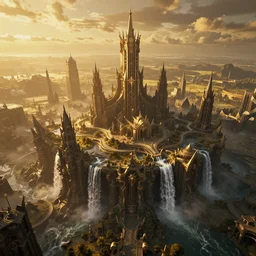 warhammer style, aerial view, golden hour, at the dawn of time, golden lighting, nightmare, in a symbolic and meaningful style, dark fantasy city, waterfall, octane render