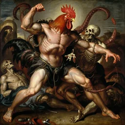 elegant renaissance painting of rooster final boss bodybuilder vecna battle, art by alex ross and peter mohrbacher, epic biblical depiction, flesh and bones, fangs, teths and tentacles, corpses and shadows!