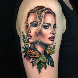 surrealist tattoo design of margot robbie and nature mash up, in the style of arlo dicristina, amazing detail