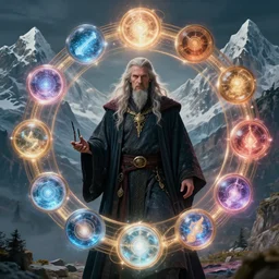 Portrait of a powerful wizard surrounded by a circular array of glowing elemental magic orbs, the wizard is standing in front a scenic landscape of snowcapped mountains, intricate details, photo realistic, award winning, dramatic lighting, intricate details, award winning, depth of field, UHD 8K