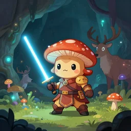 “Cute fungi warrior with lightsaber hiding from scary elk in bioluminescent cave in dice tsutumi style”