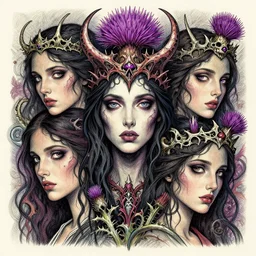 squalid thistle deathcrown, in the style of adi granov, colourful hand drawing, beautiful faces, dramatic, tragic, intricate, detailed, beautiful, 8 k resolution