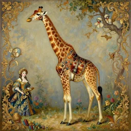 the royal queen's giraffe by greg hildebrant lisa frank fancy rococo baroque regal oil painting high quality award winning clothed in fancy garb