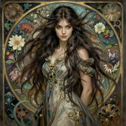 facial portrait of a young pretty woman in flowing dress, arrogant, mysterious, long fine flowing hair, delicate, looking at camera, slightly awkward smile, realistic face, hands behind back, intricate, stylish, elegant, grimdark fantasy, flowers, art nouveau, extremely detailed painting inspired by Gerald Brom and Ernst Haeckel and Greg Rutkowski