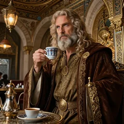 medium angle shot of elrond, lord of rivendell, bearer of vilya, vice - regent and herald to gil - galad, having a cup of turkish coffee in a coffee house in istanbul, cinecolor, lumen reflections, detailed and intricate, hypermaximalist, elegant, ornate, fantasy art, by caspar david friedrich, by tolkien