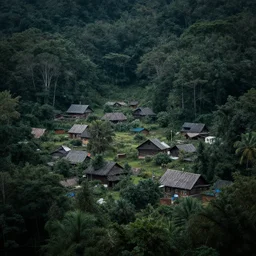 a abounded village in the middle of a forest, creepy atmosphere, realistic, hdr, clear image, hdd, dynamic lighting