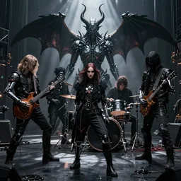cyberpunk black metal band, guitarists, bassist, drummer, vocalist, all black cyberpunk clothes, robotic prothetic limbs, dermal implants, cyborg satan