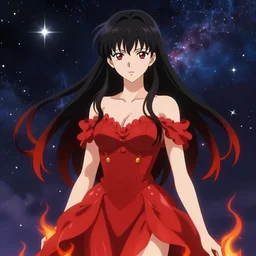 anime portrait, intricate, elegant, fiery red dress, astral background, digital painting, artstation, concept art, sharp focus, art by artgerm and greg rutkowski and alphonse mucha, style of makoto shinkai