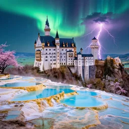 neuschwanstein castle on pamukkale thermal waters flowing down gold travertine terraces in royal blue antelope canyon during sakura season on an interstellar aurora borealis with heavy thunder and lightning, pink waterfalls, by peter mohrbacher, james jean, james gilleard, greg rutkowski, vincent di fate, rule of thirds, beautiful landscape