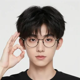 portrait of a cute androgynous young man with black hair and round glasses, gg 0 2 9 7 ok, heart shaped head, detailed face, clean shaven, elegant digital art by george tooker, trending on artstation