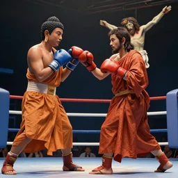 gautama buddha boxing with jesus christ in a boxing match. detailed photo