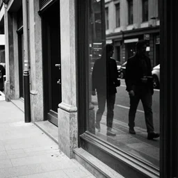 analog street photo elegance high contrast reflection, optical illusion