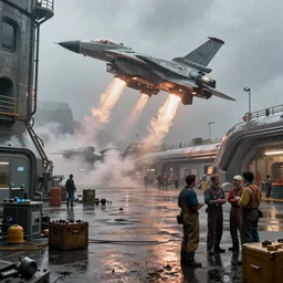 A landscape with a dystopian spaceport, rain, oily puddles, mechanics, crates and parts on the ground, overalls, people are talking in the foreground, in the background a spacecraft is landing, jet of fire from thrusters, glow, smoke, landing lights, volumetric lighting, dynamic lighting, muted colors, by Greg rutkowski, thomas kinkade, Andreas rocha, john howe, pixar, f16, hd, 4k