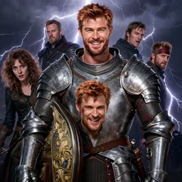 stunning portrait of ( ( ( laughing ) ) ) ( ( ( ( copper haired chris hemsworth ) ) ) ) as destruction from sandman looking like kristofer hivju!!, medival armour!!, by jeremy mann, by frank moth, jeff easley, alphonse mucha, dave mckean, thunder & lightning, heavy armor, soft lightning, high detailed, 8 k