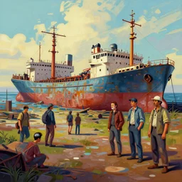 a beautiful painting of an abandoned shipyard by nekro and pascal blanche and john harris and greg rutkowski and sachin teng and victo ngai and simon stalenhag. in style of vector art. brush stroke, vibrating color, hyper detailed. octane render. trending on artstation