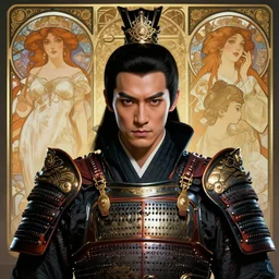 portrait of a handsome cyberpunk samurai man wearing a warrior armor, beautiful symmetrical face, fantasy, regal, by stanley artgerm lau, greg rutkowski, thomas kindkade, alphonse mucha, loish, norman rockwell.