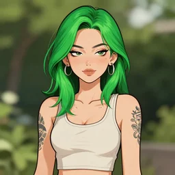 portrait of a cool girl winking with green hair, a 7 8 4 3 hairstyle, wearing a tanktop, tattoos, highly detailed, stylized, full body shot, portrait, concept art, vector line art, natural lighting, illustration, artstation