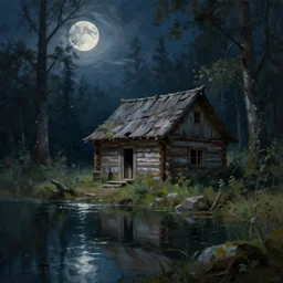 a beautiful painting of of an old abandoned log cabin by a lake in a fantasy forest from the witcher, volumetric lighting, moonlit by greg rutkowski and kalin popov, trending on artstation, masterpiece,