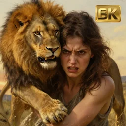 close up of brunette angry girl mutating into lion. Art by William-Adolphe Bouguereau. During golden hour. Extremely detailed. Beautiful. 4K. Award winning.