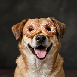 stock photo of a happy dog with donut glazing on its face