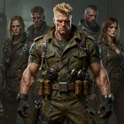 portrait painting of post - apocalyptic dieselpunk extremely muscular angry blond man wearing old military fatigues, ultra realistic, concept art, intricate details, eerie, highly detailed, photorealistic, octane render, 8 k, unreal engine. art by artgerm and greg rutkowski and charlie bowater and magali villeneuve and alphonse mucha