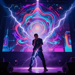 Lightning strikes while rapper performs on stage, psychedelic light show, digital art, vapor wave, hip hop, surreal, trending on Artstation, professional artist, detailed, 4k