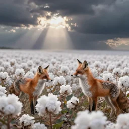 foxes in a field of cotton candy