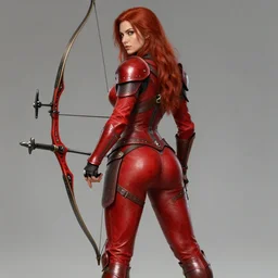 Female archer, dnd, d&d, leggins, red skintight leather armor, red hair, looking from behind, visible face!, beautiful face, toned derriere, high fantasy, realistic, matte painting, by wlop