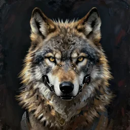 a beautiful portrait of a wolf made of mech mask rendered in unreal engine, cyberpunk, dark scifi, painted by david burliuk, bernard buffet and carne griffiths