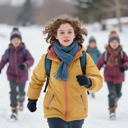 a photo of 4 0 year old woman with short wavy curly light brown hair and blue eyes wearing colorful winter clothes is running in a snowy field. front view, perfect faces