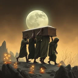 in india, linen by yinka shonibare muted, relaxed. a assemblage of a coffin being carried by six men through an ethereal, otherworldly landscape. the men are all wearing hooded cloaks. the landscape is eerie & foreboding, with jagged rocks & eerie, glowing plants.